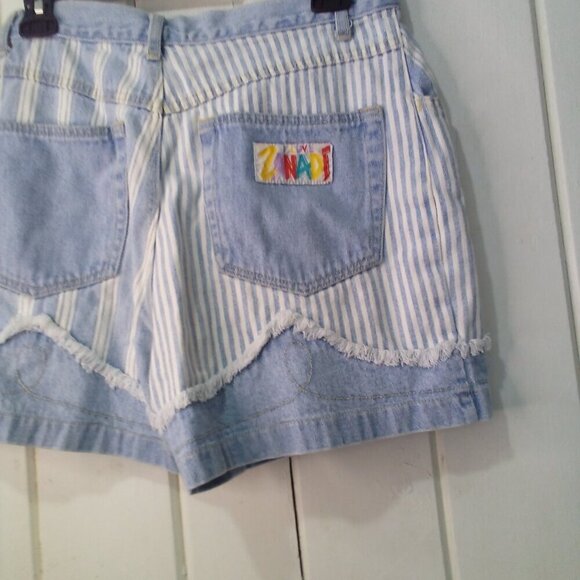 Zanadi Shorts Women 11 12 Denim Vintage High Rise Stripe Spellout Pocket Blue - Picture 15 of 16